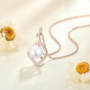 18K Rose Gold Plated Pearl Necklace 925 Sterling Silver Pendant NWT